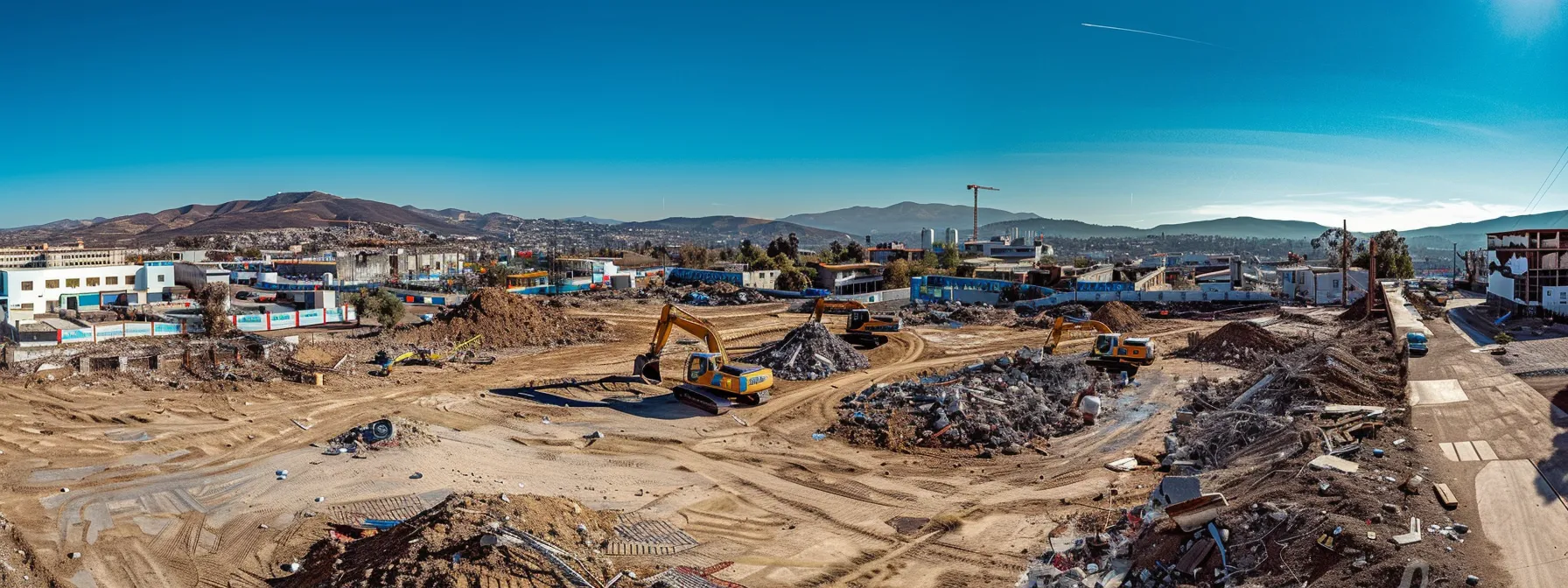 a dynamic aerial view captures a futuristic demolition site bustling with advanced drones and robotic machinery, showcasing the intersection of technology and precision in a vibrant urban landscape under a clear blue sky.