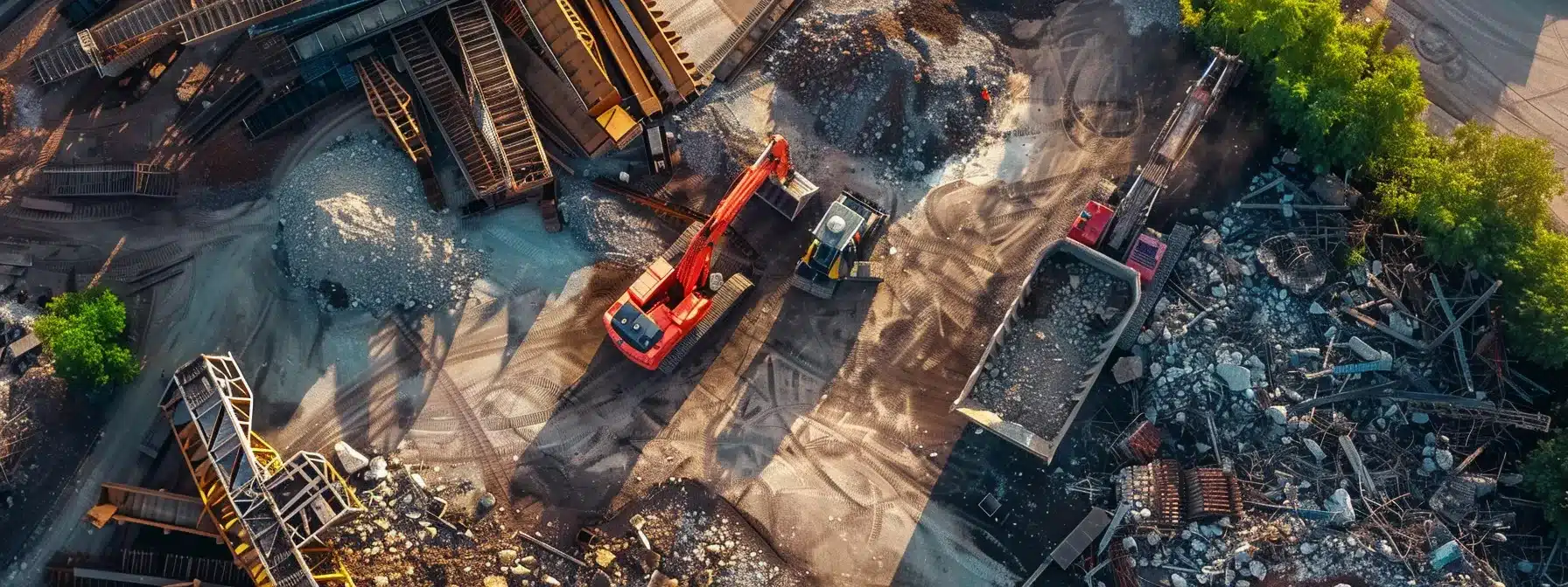 a dynamic aerial view of a precision demolition site, showcasing innovative dust and noise control technologies amidst vibrant greenery and piles of recyclable materials, underscoring the harmony between modern demolition practices and environmental sustainability.