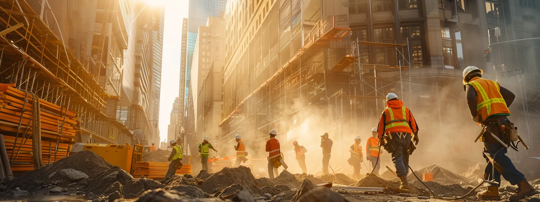 a dynamic scene captures a group of construction workers in vibrant safety gear, intensely focused on deconstructing a building amidst a backdrop of towering city structures, with sunlight illuminating dust particles in the air, symbolizing the importance of safety protocols in the construction industry.