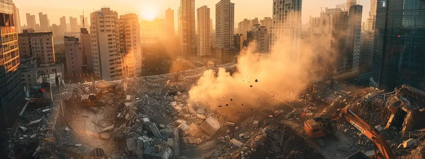 a futuristic construction site showcases advanced precision demolition machinery at work, dramatically minimizing debris in a cityscape backdrop during golden hour, highlighting the blend of technology and urban renewal.