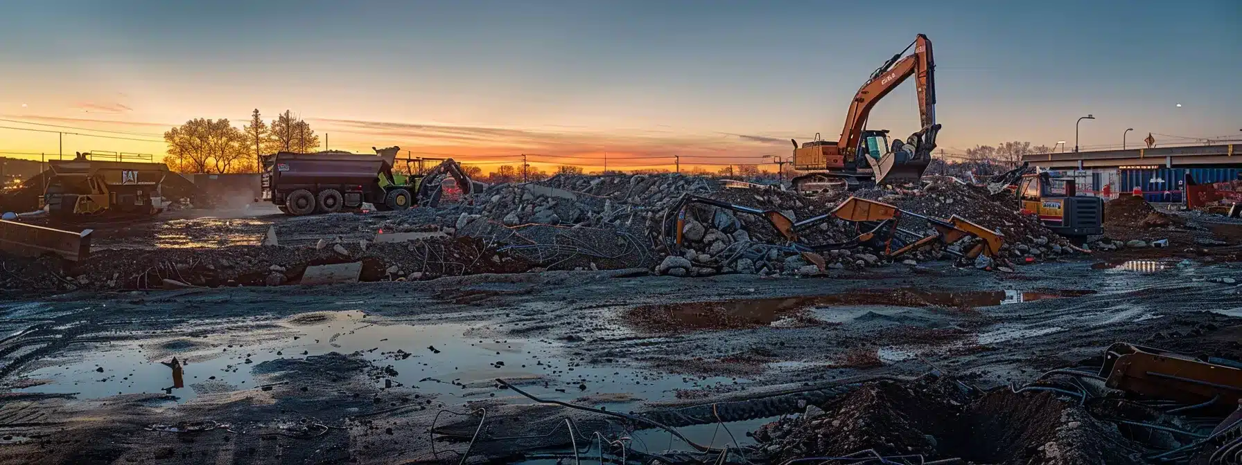 a meticulously organized demolition site, illuminated by soft morning light, showcases clearly marked zones and essential safety equipment, emphasizing a proactive approach to biohazard cleanup readiness.