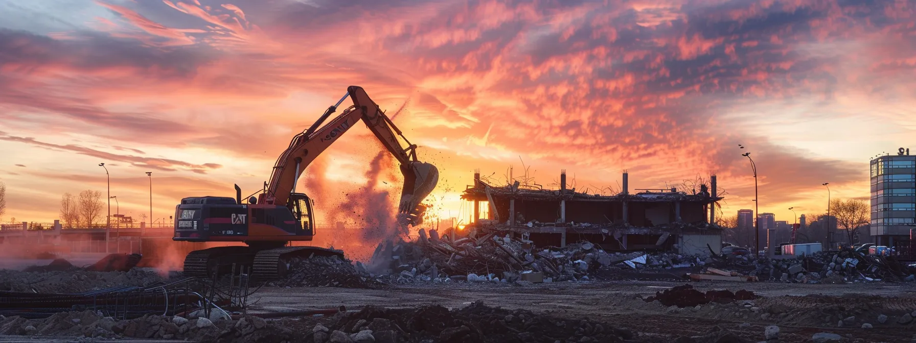 a powerful demolition scene captures a robust excavator efficiently dismantling a building against a vibrant sunset sky, symbolizing precision and innovation in construction services.