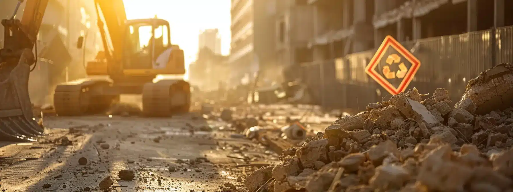 a pristine, sunlit demolition site contrasts with vivid biohazard symbols, showcasing meticulous cleanup efforts that ensure a safe environment for future construction.