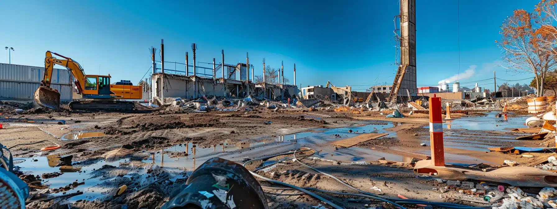 a professional biohazard cleanup team expertly manages hazardous materials at a demolition site, surrounded by heavy machinery and marked safety barriers under clear blue skies, emphasizing the importance of safety and compliance in urban development.