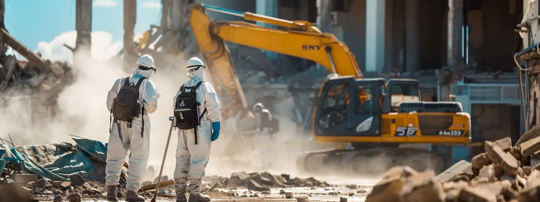 a professional biohazard cleanup crew, clad in vivid protective gear, methodically disinfects a demolition site under bright sunlight, showcasing the importance of safety and thoroughness in hazardous material removal.