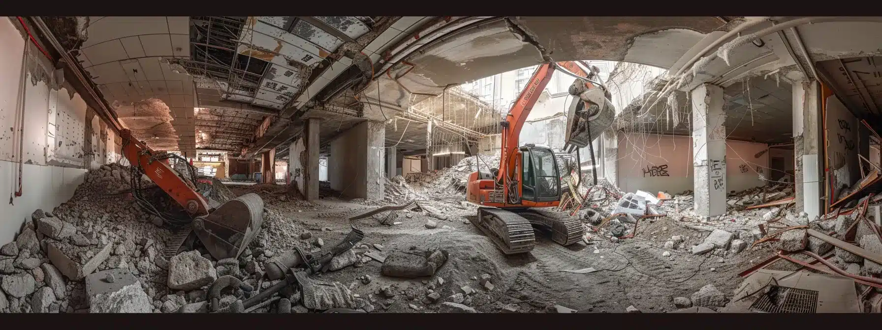 a striking image of a pristine demolition site, meticulously prepared with visible biohazard cleaning equipment, under soft, diffused natural lighting, emphasizing safety and thorough sanitation protocols.