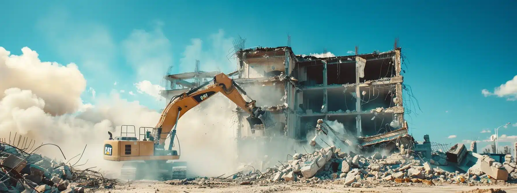 a dynamic construction site showcases advanced precision demolition technologies in action, with towering machinery skillfully dismantling a building against a clear blue sky, symbolizing innovation amid industry challenges.