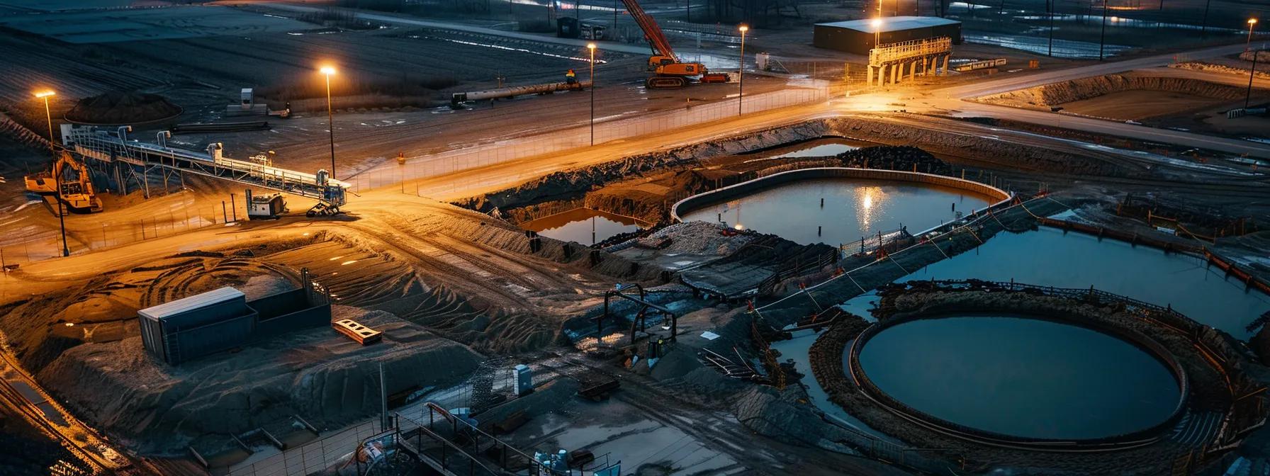 a modern dredging site in paducah, ky, showcases advanced sediment containment systems and geotextile materials at work, highlighting eco-friendly practices amidst urban infrastructure, illuminated by the soft glow of overhead work lights.