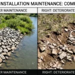 Before and after riprap maintenance comparison showing proper versus damaged installation