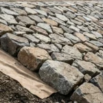 Proper riprap placement technique showing stone interlocking and geotextile layer